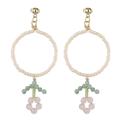 Colorful Flower Glass Seed Beads Dangle Earrings, 304 Stainless Steel Stud Earring for Women, Colorful, 75x33mm