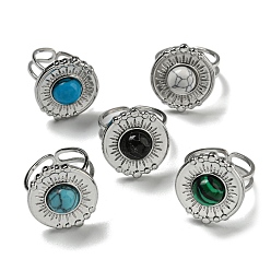 Нержавеющая Сталь Цвет 304 открытые манжеты из нержавеющей стали, Плоские круглые кольца с синтетическим малахитом и бирюзой для женщин и мужчин, цвет нержавеющей стали, регулируемый