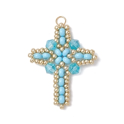 Светло-Голубой Подвески-кресты из стеклянного бисера, со стеклянными и 304 нержавеющими кольцами для прыжков, реальный 18 k позолоченный, Небесно-голубой, 32.5x26x4.5 мм, отверстие : 3 мм