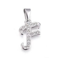 Letter F 304 Stainless Steel Pendants, with Rhinestone, Letter, Letter.F, 21x15x2mm, Hole: 3~3.5x7.5~8mm