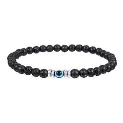 Lava Rock Glass Evil Eye 4MM Natural Lava Rock Beaded Stretch Bracelets for Men, 7.09 inch(18cm)~7.48 inch(19cm)