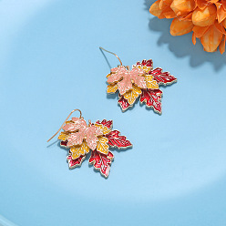 Colorful Alloy Enamel Maple Leaf Dangle Earrings for Women, Golden, Colorful, 40x30mm