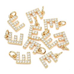 Letter E Colgantes Shegrace de latón con microengaste de circonitas cúbicas transparentes, sin níquel, real 18 k chapado en oro, amuletos de la letra e, 12x8x2.5 mm, anillo de salto: 5x1 mm, diámetro interior: 3 mm