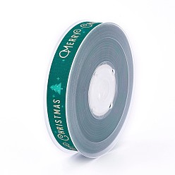 Green Polyester Grosgrain Ribbon for Christmas, Christmas Trees, Green, 16mm, about 100yards/roll