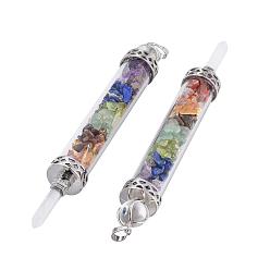 Mixed Stone Natural Mixed Stone Big Pendants, Dowsing Pendulum Pendants Making, with Quartz Crystal Round Beads, Glass and Brass Findings, Column, Platinum, 130x17mm, Hole: 5x7mm