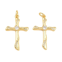 Real 16K Gold Plated Brass Micro Pave Clear Cubic Zirconia Pendants, Wavy Cross Charms, Real 16K Gold Plated, 27x17x3.5mm, Hole: 3.5mm