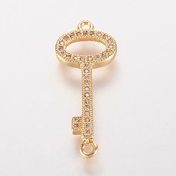 Golden Brass Micro Pave Cubic Zirconia Links, Key, Golden, 26x10x2mm, Hole: 1mm