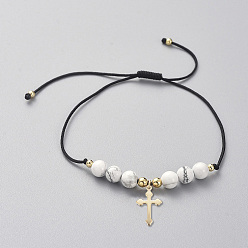 Говлит Регулируемые плетеные браслеты из бисера, с естественными Howlite бисером, Нейлоновая нить, позолоченные 304 подвески из нержавеющей стали и латунные бусины, крестик, 5/8 дюйм ~ 3 дюйм (1.5~7.5 см)