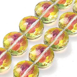 Желтый Гальванизируйте прозрачное стекло бисер нитей, плоско-круглые, с половиным покрытием, AB цвет, граненые, желтые, 14x7.5 мм, отверстие : 1.2 мм, около 29 шт / нитка, 15.98'' (40.6 см)