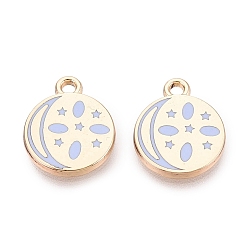 Aciano Azul Colgantes de la aleación del esmalte, chapado en rack, dijes planos redondos, de estrella y de luna, dorado, azul aciano, 14.5x12x1.5 mm, agujero: 1.6 mm