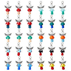 (52) Непрозрачная лаванда 30 шт 10 цветов бусины ручной работы лэмпворк с подвесками из стеклянных жемчужин круглой формы, гриб и ангел, с фурнитурой из сплава в тибетском стиле и железными штифтами с плоскими головками, разноцветные, 36~37x20x12~13 мм, отверстие : 3 мм