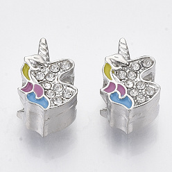 Colorful Alloy Enamel European Beads, with Crystal Rhinestone, Unicorn, Platinum, Colorful, 15x10x9mm, Hole: 5mm