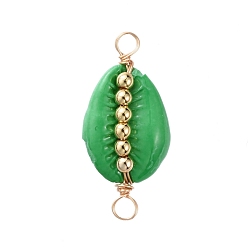 Green Spray Paint Cowrie Shell Links, with Golden Plated Copper Wire and Brass Beads, Green, 29~32x13~14x7~9mm, Hole: 2.3~3mm