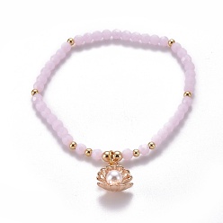 Neblige Rose Facettierten Glasperlen Stretch-Armbänder, Charme Armbänder, mit Messing-Perlen, Perlenperlen aus Kunststoffimitat und Charms aus Aluminium, Schalenform, neblige Rose, Innendurchmesser: 2-1/4 Zoll (5.7 cm)