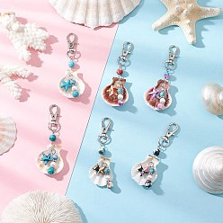 Платина Подвеска в виде морской звезды из натуральной ракушки и синтетической бирюзы, с поворотными застежками из сплава и бусиной из ракушечного жемчуга, платина, 91 мм, 6 шт / комплект