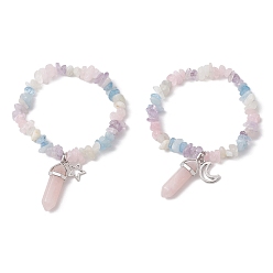 Mixed Stone 2Pcs 2 Style Natural Mixed Gemstone Chips Stretch Bracelets Set, Moon & Star Alloy Charms Couple Bracelets, Inner Diameter: 2-1/8 inch(5.5cm), 1Pc/style