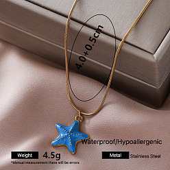 Deep Sky Blue Vintage 304 Stainless Steel Starfish Pendant Necklaces for Women, Golden, Deep Sky Blue, 15.75 inch(40cm)