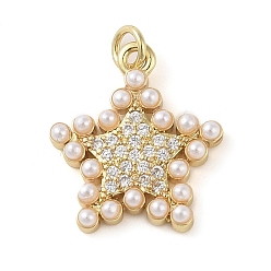 Звезда Латунные микропаве прозрачные подвески с фианитом, без кадмия и без свинца, с ABS имитации жемчуга, реальный 18 k позолоченный, звезда, 16.5x15x2.5 мм, отверстие : 1.6 мм