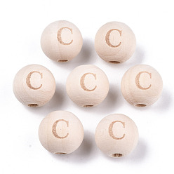 Letter C Unfinished Natural Wood European Beads, Large Hole Beads, Laser Engraved Pattern, Round with Word, Letter.C, 15~16x14~15mm, Hole: 4mm