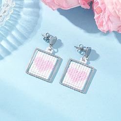 Pink Серьги-гвоздики с подвесками в форме сердца из квадратного стеклянного бисера ручной работы, цвет нержавеющей стали, розовые, 33.5x20.5 мм