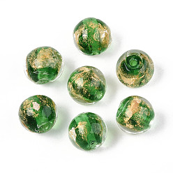 Морско-зеленый Ручной работы золотые и серебряные шарики фольги стекла, круглые, цвета морской волны, 10~11 мм, отверстие : 1~1.4 мм