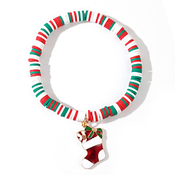 Christmas Socking Рождественские 304 браслеты из нержавеющей стали с эмалированными подвесками, Разноцветные браслеты из полимерной глины с бусинами хейши, эластичные, для женщин и мужчин., золотые, рождественские носки с бантиком, 6.50 дюйм (16.5 см)