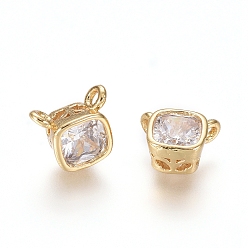 Golden Brass Cubic Zirconia Charms, Long-Lasting Plated, Square, Clear, Golden, 5.5x6.5x3mm, Hole: 0.8mm