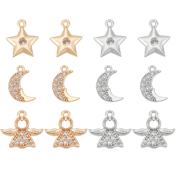 (52) Непрозрачная лаванда 12 шт. 6 стиль стойка покрытие латунь микро паве прозрачные кубические цирконии подвески, долговечный, без кадмия и без свинца, луна и звезда и ангел, разноцветные, 11.5~12x7.5~12.5x2 мм, отверстие : 1 мм, 2 шт / стиль