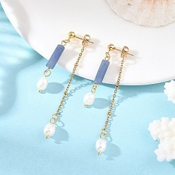 Aventurine Bleue 304 boucles d'oreille en acier inoxydable, colonne, Boucles d'oreilles pendantes en aventurine bleue synthétique et perles naturelles pour femmes, or, 63x4.5mm