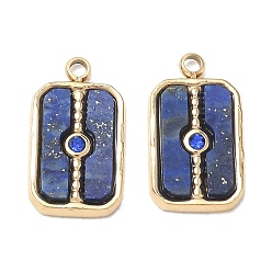Lapis Lazuli Natural Lapis Lazuli Pendants, 304 Stainless Steel Rhinestone Rectangle Bezeled Charms, Ion Plating(IP), Real 14K Gold Plated, 15x9x2mm, Hole: 1.5mm