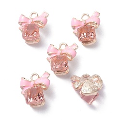 Pink Подвески из эмали и сплава, со стразами, куб и бантик, розовые, 14x12.5x9 мм, отверстие : 2 мм
