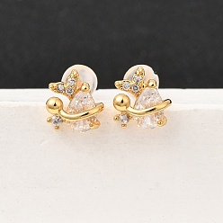 Fish Серьга-гвоздик с прозрачным кубическим цирконием из латуни, с 316 хирургическим стержнем из нержавеющей стали, без никеля , реальный 18 k позолоченный, рыба, 8x8 мм