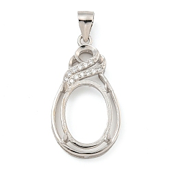 Платинированный Настройки Серебряный кулон кабошон 925 стерлингов, Настройки зубца, с кубического циркония, настройки гвоздя горного хрусталя, Настройки зубца, овальные, Реальная платина, 25x14x6 мм, отверстие : 3x3.5 мм, лоток : 12x8 мм