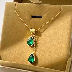 Emerald Brass Rhinestone Teardrop Pendant 304 Stainless Steel Round Snake Chain Necklaces for Women, Golden, Emerald, 15.75 inch(40cm)