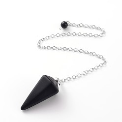 Black Agate Platinum Tone Brass Black Agate Cone Hexagonal Pointed Dowsing Pendulums, with Lobster Claw Clasps, 230x3mm