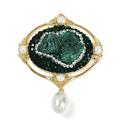 Малахит Подвески из необработанного натурального малахита, Овальные подвески из латунных изумрудных страз с пластиковой кисточкой из искусственного жемчуга, золотые, 50x40x12.5~14 мм, отверстие : 1.4 мм