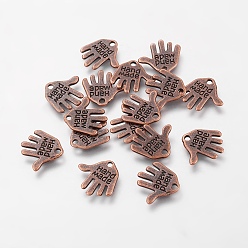 Red Copper Tibetan Style Alloy Charms, Cadmium Free & Nickel Free & Lead Free, Hand Palm with Word Hand Made, Red Copper, 12.5x13x1mm, Hole: 1mm