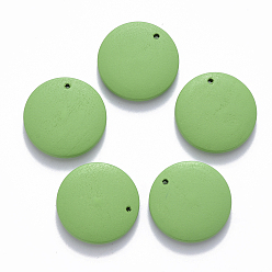 Lime Green Painted Wood Pendants, Flat Round, Lime Green, 20x4mm, Hole: 1.5mm