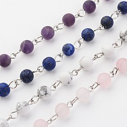 Смешанные камни Ручной работы цепи, природный драгоценный камень круглый бисерные цепочки, несварные, с латунным штифтом, серебряный цвет гальваническим, 39.3 дюйм