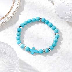 Темно-Голубой Женские эластичные браслеты из синтетических бирюзовых бусин, крест и круглый, глубокое синее небо, внутренний диаметр: 2-1/8 дюйм (5.3 см)