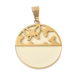 Бежевый 304 нержавеющей стальной эмали подвески, ионное покрытие (ip), плоский круглый с подвеской в виде бабочки, золотые, бежевые, 34x30x3.5 мм, отверстие : 8.3x5 мм