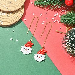 Red Christmas 304 Stainless Steel with Glass Cylinder Seed Beads Ear Thread, Santa Claus, Golden, Red, 100x18x2mm