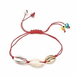 Red Acrylic & Alloy Shell Braided Bead Bracelet with Lampwork Evil Eye, Adjustable Bracelet for Women, Red, Inner Diameter: 1/2~3-1/2 inch(1.4~8.8cm)