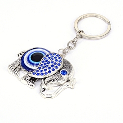Royal Blue Evil Eye Key Chain, with Iron Split Key Rings and Alloy Rhinestone Pendants, Elephant, Royal Blue, 95mm