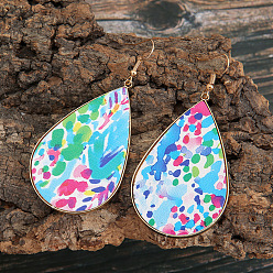 Разноцветный Серьги-капли из искусственной кожи, со сплавочной фурнитурой, золотые, красочный, 75x36 мм