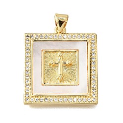 Настоящее золото 18K Подвески в форме ракушек из латуни с микропаве и кубическим цирконием, без кадмия и без свинца, квадрат с подвесками-крестиками, реальный 18 k позолоченный, 24x22x4 мм, отверстие : 4x5 мм