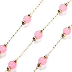 Pink Круглые цепочки ручной работы из окрашенного натурального малайзийского нефрита с бусинами, с ионным покрытием (ip) 304 цепи из скрепок из нержавеющей стали, несварные, реальный 18 k позолоченный, розовые, 2.2x1x0.5 мм
