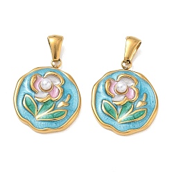 Oro 304 colgantes de esmalte de acero inoxidable, pepitas con amuletos florales, con perlas de imitación abs, revestimiento de iones (ip), larga duración plateado, dorado, dorado, 22x18x5 mm, agujero: 2.5x6 mm