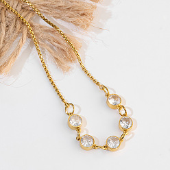 Golden Adjustable 304 Stainless Steel Pave Clear Cubic Zirconia Geometric Flat Round Link Chain Slider Bracelets for Women, Golden, 4.33 inch(11cm)