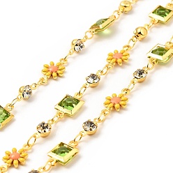 Colorful Glass Square & Enamel Flower Link Chains, with Real 18K Gold Plated Brass Findings, Soldered, with Spools, Colorful, 13x7.5x2.5mm, 11.5x6.5x3.5mm